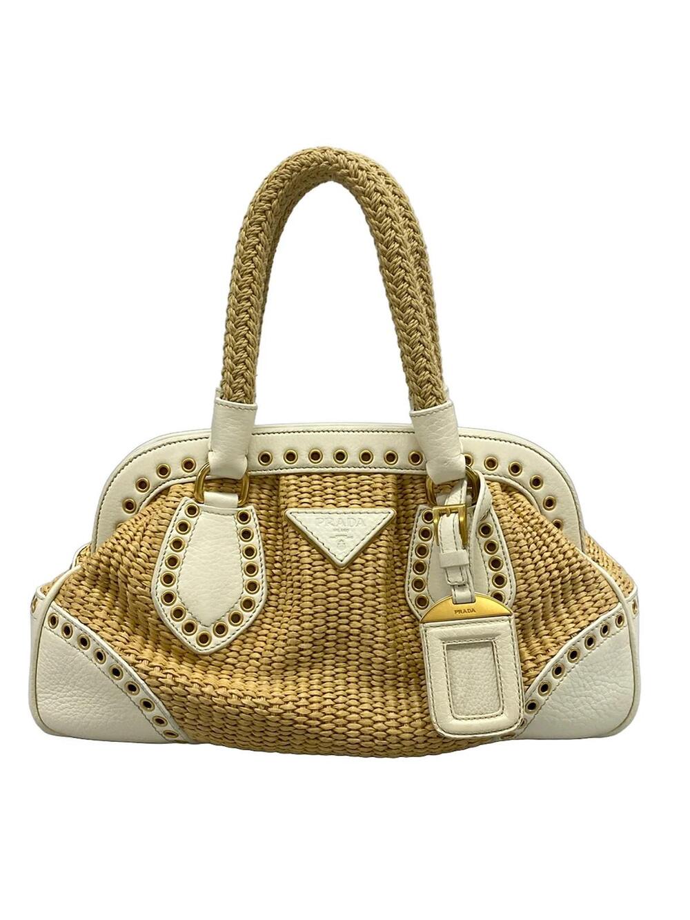 Prada Beige White Straw Leather Handbag #363339P10B